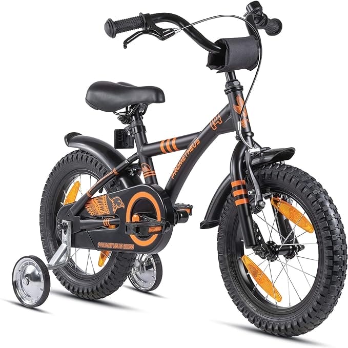 PROMETHEUS BICYCLES kinderfiets 14 inch fiets jongens meisjes van 4 jaar oude met zijwieltjes terugtraprem in zwart mat oranje BMX