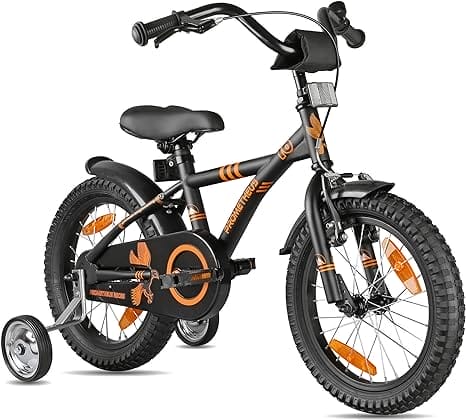 PROMETHEUS BICYCLES kinderfiets 16 inch fiets jongens meisjes van 5 jaar oude met zijwieltjes terugtraprem in zwart mat oranje BMX