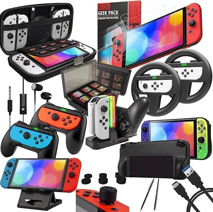 Switch Accessories Bundle - Orzly Geek Pack for Nintendo Switch: Case & Screen Protector, Joycon Grips & Racing Wheels, Switch Controller Charge Dock, Comfort Grip Case & more - JetBlack