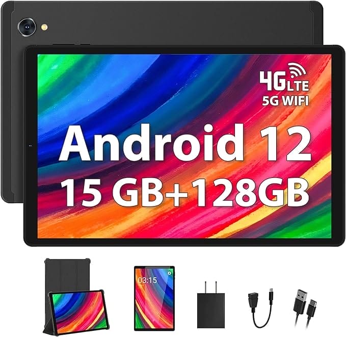 TOSCIDO Tablet 10 inch Android 12 tablets, 15 (6 + 9) GB RAM + 128 GB ROM (1TB TF), 1920 x 1200 IPS, Octa-Core, 8MP + 13MP, 4G LTE+ 5G WiFi, Octa-Core 2GHz, GPS, Tablet met beschermhoes, zwart