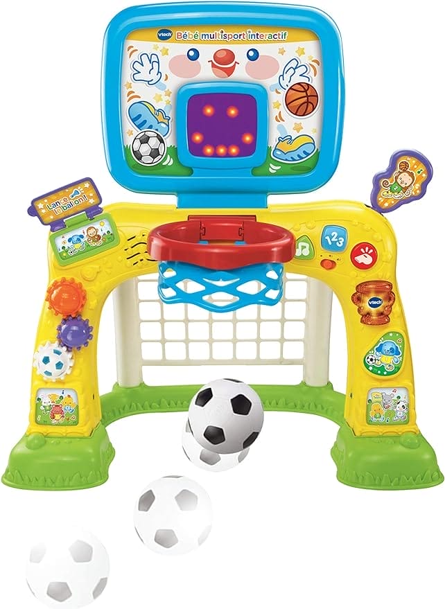 VTech - Interactieve multisport baby, meerkleurig, motorische structuur voor baby's, 2-in-1, voetbalkooi, basketbalmand met scorebord en ballonnen, cadeau voor kinderen vanaf 1 jaar - inhoud in het