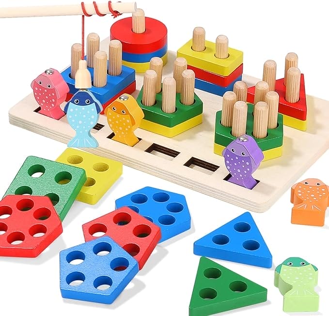 Xespis Montessori Speelgoed 1 2 3 jaar, 2-in-1 houten speelgoed vanaf 1 jaar, voor jongens en meisjes, motoriekspeelgoed, steekspel, visspel, babyspeelgoed, voor kinderen als geboortedagcadeau