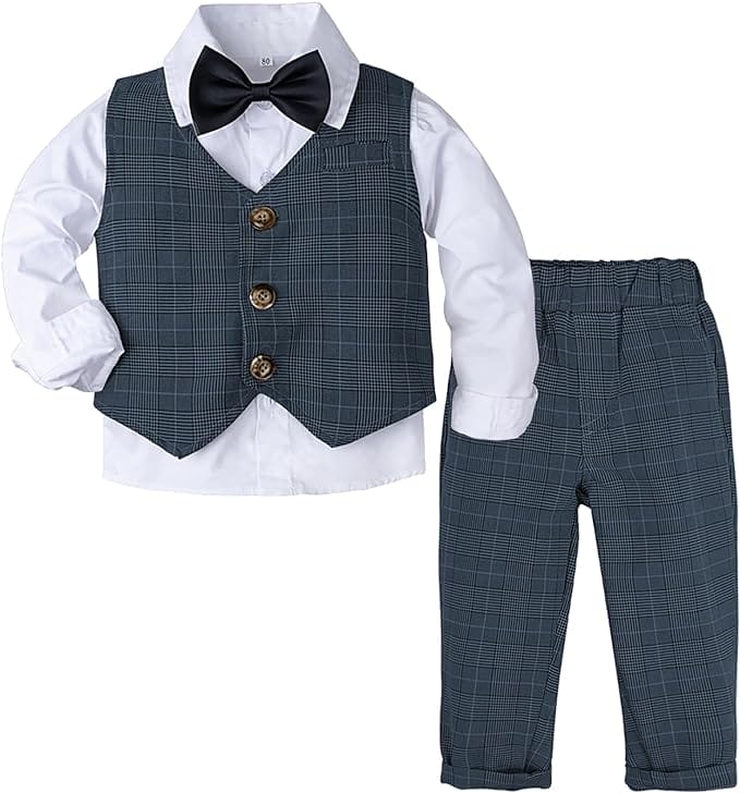 mintgreen Gentleman Pak voor Babyjongens, Overhemd met Lange Mouwen, Vlinderdas + Gilet + Broek, maat: 1-4 jaar