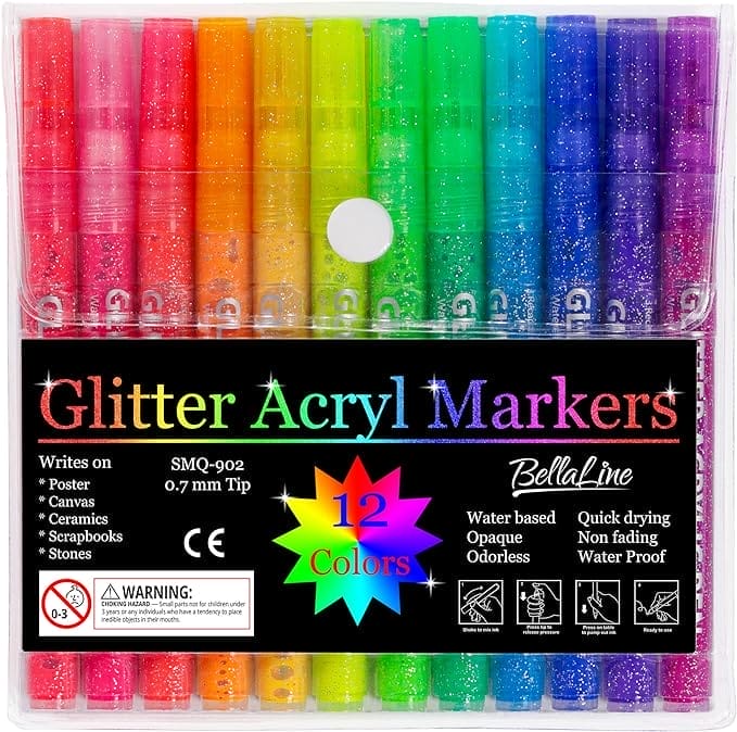 BellaLine | Glitterstiften | BellaLine | Acryl Marker | Glitterpennen | Happy Stones | kleuren | Kinderen | Verjaardag Cadeau | creatief | Glitterpennen volwassenen | Glitterpennen voor kinderen