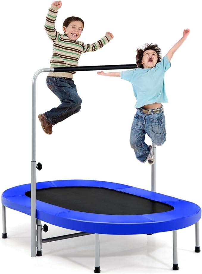 COSTWAY Trampoline voor 2 personen, met in hoogte verstelbare handgreep, mini-trampoline tot 150 kg belastbaar, kindertrampoline inklapbaar, tuintrampoline voor kinderen en volwassenen