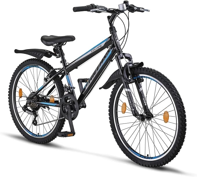 Chillaxx Bike Escape Premium Mountainbike, fiets voor meisjes, jongens, heren en dames in 24" en 26"- 21 versnellingen (24", zwart-blauw, V-rem)