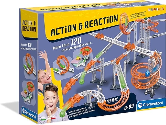 Clementoni - 97856 - Action and Reaction - Mega set - Knikkerbaan, knikkerloopsysteem voor kinderen 8 jaar, constructiespeelgoed, wetenschappelijk en logisch, bouwspeelgoed, STEM - Made in Italy