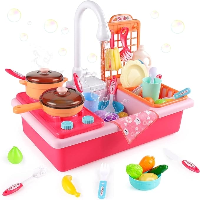 Diealles Shine Keuken speelgoed voor kinderen, aanrecht speelgoed met speelfornuis, keukengerei Servies Accessoires voor peuters kinderen, keuken speelset met stromend water, cadeau voor meisjes en