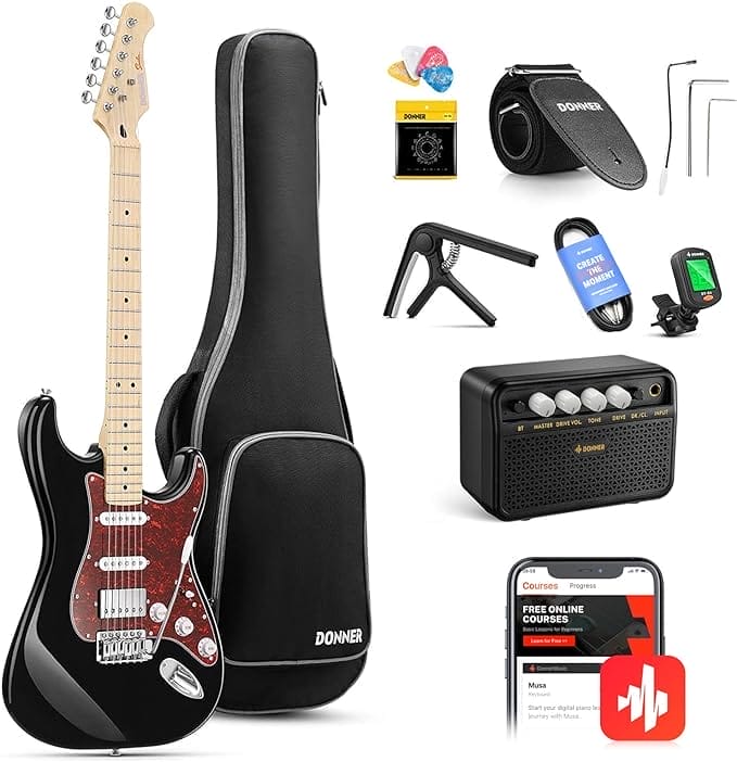 Donner Elektrische gitaar, 39" elektrische gitaar kit HSS Pickup Coil Split, Solid Body Gitaar Starter Pack met versterker, tas, accessoires, DST-152B zwart