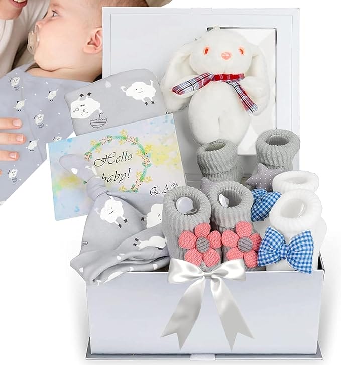 EAQ Newborn Baby Gifts | Baby Essentials for Newborn| Unisex Baby Gifts for Boy & Girl |Baby Gift Set With Swaddle, Baby Hat, Baby Socks, Soft Rabbit Toy