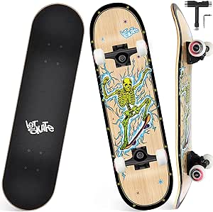 Funxim Complete Skateboard, 7-Layer Maple Wood Deck Double Kick Standard Skateboards with All-in-One Skate Tool, for Kids, Teens, Adult, Beginner (31 x 8 Inch) (Bliksemschedel)