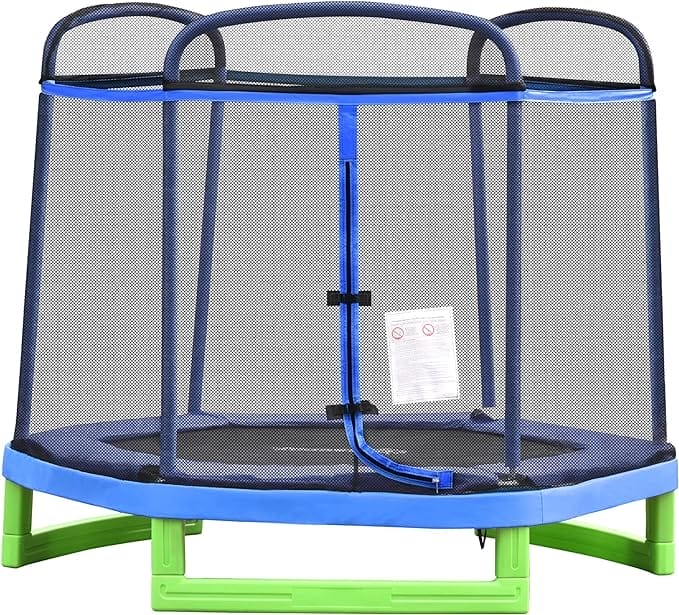 HOMCOM kindertrampoline met veiligheidsnet indoortrampoline fitnesstrampoline voor 3-12 jaar kinderen tot 80 kg staal blauw + groen 215 x 200 x 190 cm