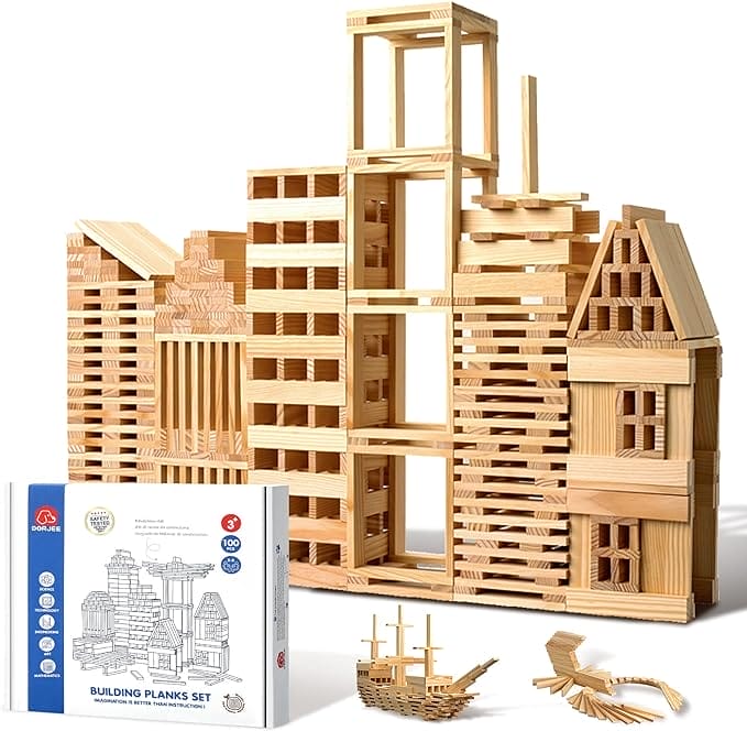 ICEKO KN Houten bouwstenen, 100 stuks, natuurlijk, speelgoed vanaf 3, 4, 5, 6 jaar, houten bouwblokken voor kinderen, cadeaus voor jongens en meisjes vanaf 3 jaar, paasgeschenken, creatief cadeau