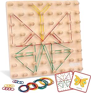 Japace Geoboard hout, Montessori speelgoed vanaf 4, 5, 6 jaar, vormen ontelbare figuren op het board, 32 patroonkaarten en 50 elastieken, motoriekspeelgoed, educatief speelgoed voor kinderen, cadeau