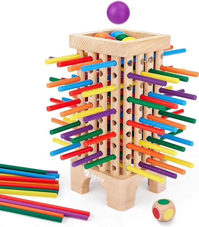 Japace Montessori Bordspel van hout, 42 stuks, kleurrijke houten stokken, dobbelspel, wiskunde, educatief speelgoed vanaf 3, 4, 5, 6 jaar, fijne motoriek, spel en telspeelgoed, familiespel, reisspel