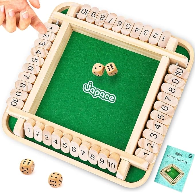 Japace Shut The Box spel, bordspel van hout, 4 spelers dobbelspel wiskunde educatief speelgoed kinderen bordspel familie vanaf 3 4 5 6 jaar, reisspel volwassenen traditioneel pubspellen (A)