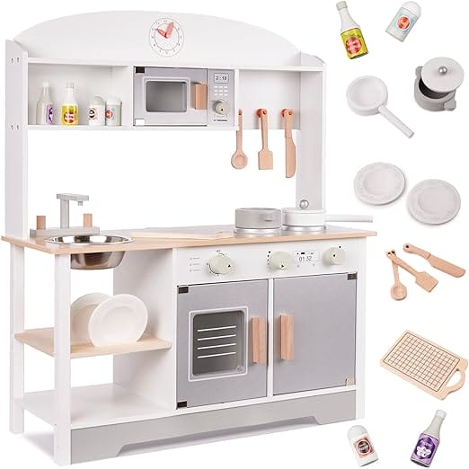 Kinderkeuken van hout, speelkeuken van hout, gootsteen, oven en afzuigkap, (model 4)