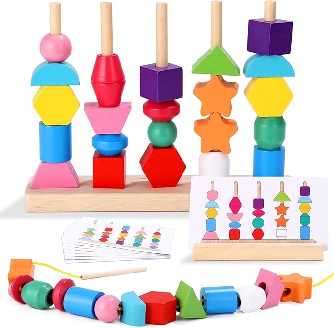 LEAZZLE Montessori Toys from 3, 4, 5 Years, 2-in-1 Wooden Toy, Sorting Game, Toy for Children, Wood, Stacking Game, Fine Motor Skills, Motor Skills Toy, Educational Game, Gift for Babies