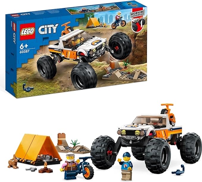 LEGO City 4x4 Terreinwagen avonturen Kampeerset, Monstertruck-stijl Voertuigen Speelgoed met Werkende Wielophanging en Fietsen, Cadeau voor Jongens en Meisjes die dol zijn op Offroad Auto's 60387