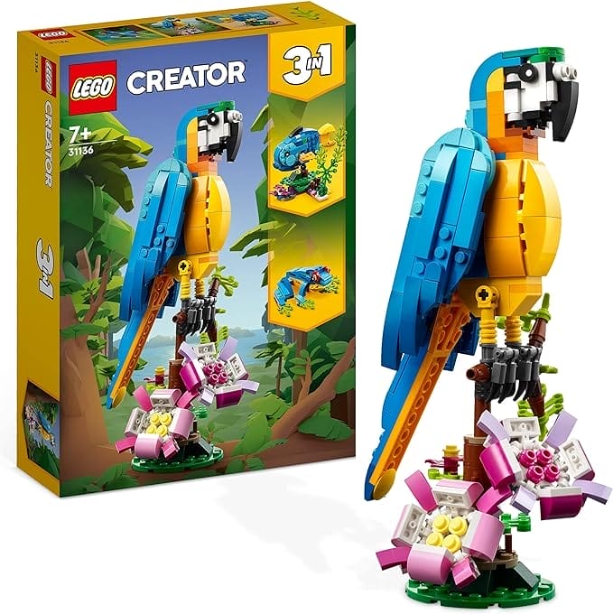 LEGO Creator 3 in 1 Exotische Papegaai Constructie Speelgoed voor Meisjes en Jongens met Kikker, Vis en Jungle Dier Figuren, Creatief Kerstcadeau-Idee voor Kinderen vanaf 7 Jaar 31136