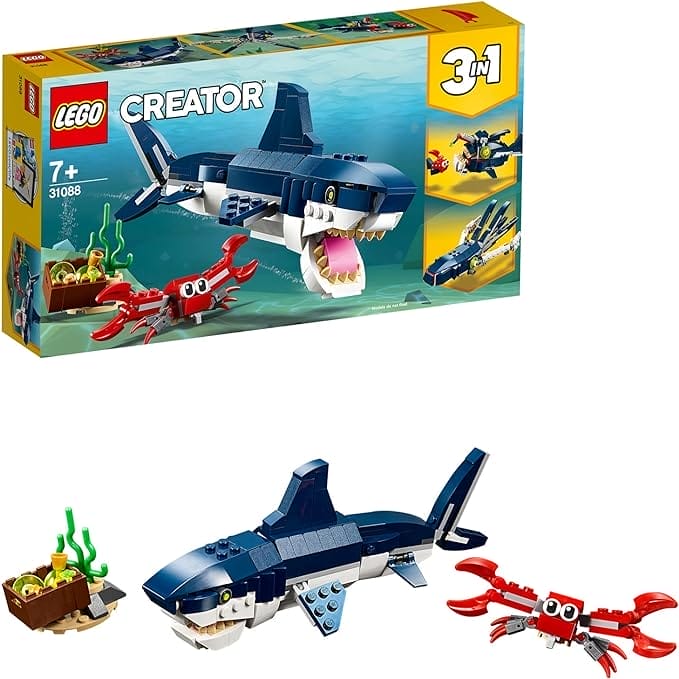 LEGO Creator 3in1 Diepzeewezens: Haai, Krab en Inktvis of Zeeduivel, Educatief Speelgoed voor Kinderen van 7 Jaar en Ouder, Zeedieren Avonturen Bouwpakket 31088
