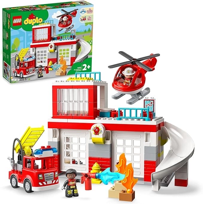 LEGO DUPLO Brandweerkazerne & Helikopter, Set me Brandweerauto, Speelgoed Push & Go Vrachtwagen, Educatief Speelgoed voor Meisje of Jongen vanaf 2 Jaar, Cadeau voor Peuters 10970