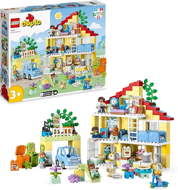LEGO DUPLO Town 3in1 Familiehuis, met Stenen Gebouwd Poppenhuis voor Meisjes en Jongens met 5 Poppetjes, 2 Speelgoed Dieren en een Lichtgevende Lamp, Speelhuis Cadeau voor Peuters van 3+ jaar 10994
