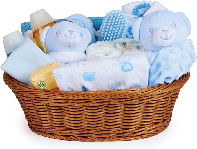 Laundry Basket as Baby Gift for Boy - Includes Baby Clothes, Rattle and Duvet with Teddy Bear, and Baby Supplies as Baby Gift