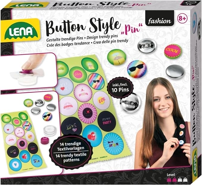 Lena 42566 - Knutselset Button Style Pin, set voor coole buttons, 10 metalen knopen, gereedschap, 14 voorbeelden van stof met leuke ontwerpen en spreuken, fashion mode stylingset, vanaf 8 jaar