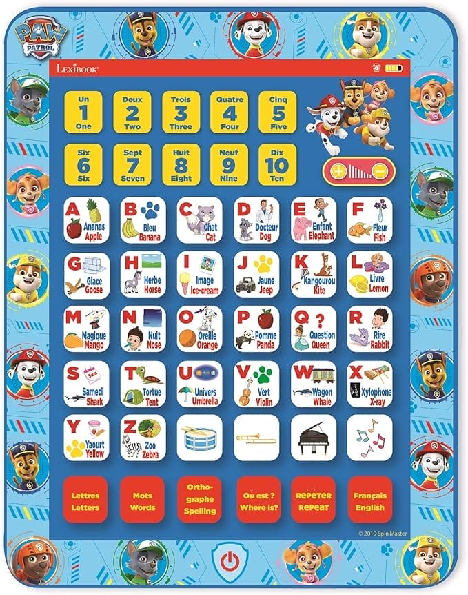 Lexibook JCPAD002PAi1 Paw Patrol educatief bilingual interactieve leertablet, speelgoed om alfabet letternummers woorden Spelling en muziek, Engels/Frans talen, blauw
