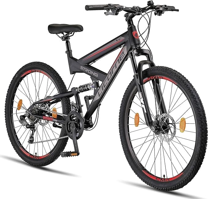 Licorne Bike Strong 2D Premium mountainbike in 27,5 inch, fiets voor jongens, meisjes, dames en heren, schijfrem voor en achter, 21 versnellingen, volledige vering, zwart/rood
