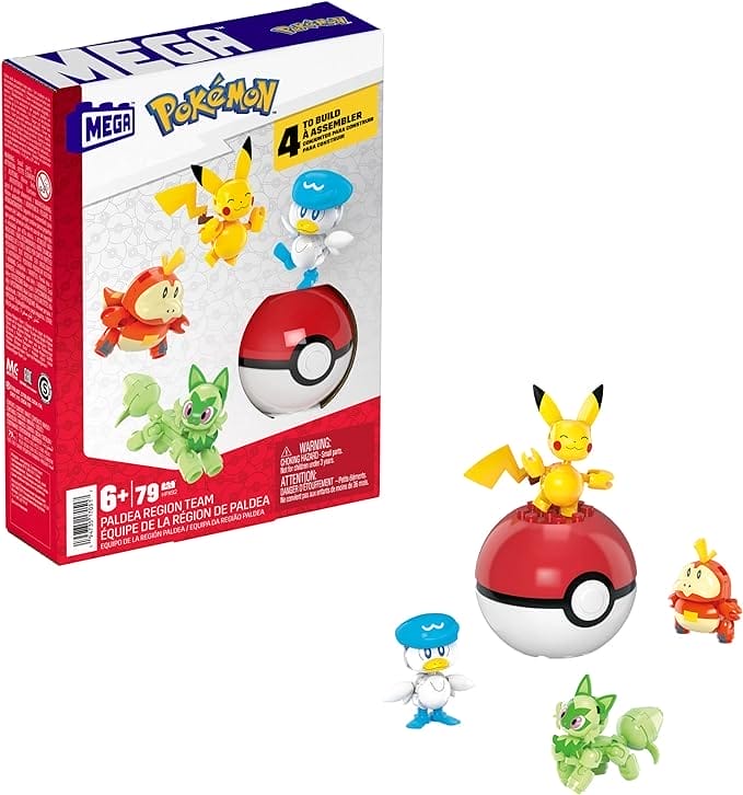 MEGA Pokémon Actiefiguren, bouwspeelgoed voor kinderen, Team van Paldea Regio met 79 onderdelen, Pikachu, Fuecoco, Sprigatito en Quaxly, en 1 Poké Bal HPX92