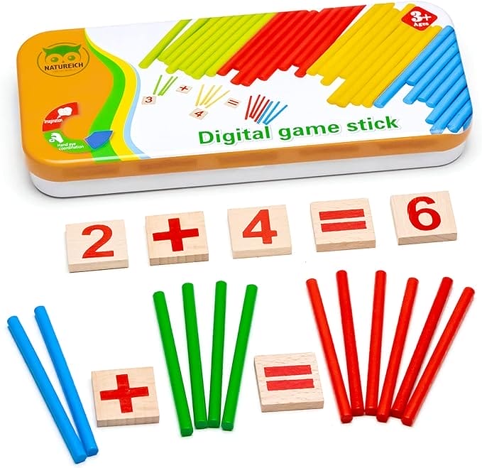 Montessori wiskunde speelgoed van hout incl. metalen opbergdoos getallen leren met rekenstaafjes, gekleurd / natuurlijk vanaf 3 jaar voor de vroege motorische ontwikkeling & scholing van uw kind