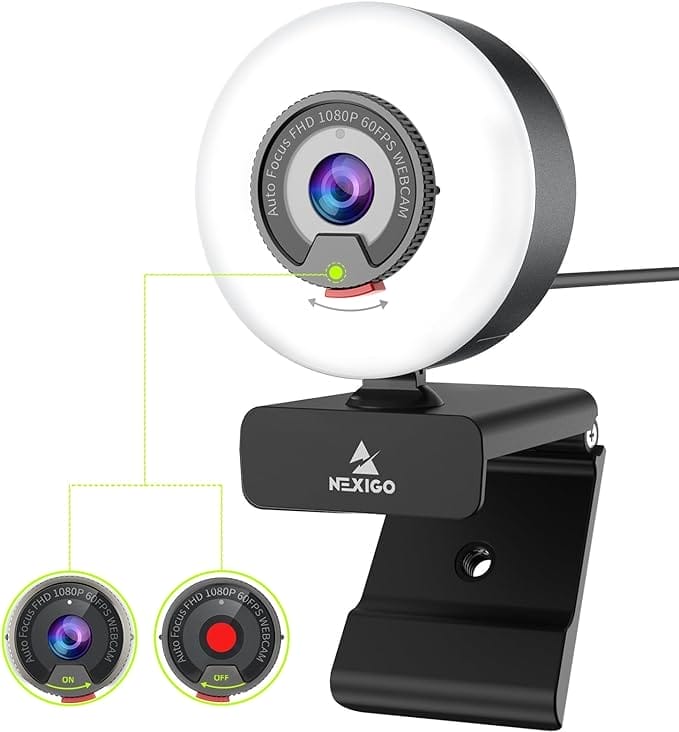 NexiGo N960E 60FPS autofocus 1080P webcam met 2 stereo-microfoons, ringlicht en afdekking, USB-camera voor het streamen van online cursussen, compatibel met Zoom/Skype/teams, pc, Mac laptop, desktop