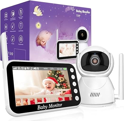 OBVHNUA Babyfoon met Camera 4,3 inch Videobabyfoon 720p 2000 mAh-Batterij Inschuifbare SD-Kaart 10 x Digitale Zoom Twee-Weg Audio VOX-Modus Nachtzicht Temperatuurbewaking Slaapliedje