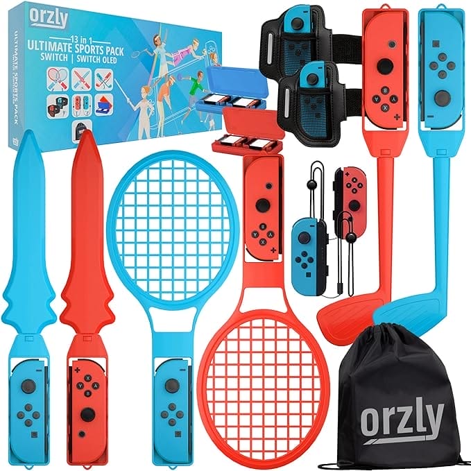 Orzly Switch Sports Games 2022 Accessoires Bundelpakket voor Nintendo Switch & Switch OLED met tennisrackets, golfclubs, Chambara-zwaarden, voetbalbeenriemen en Joycon Grips - met draagtas