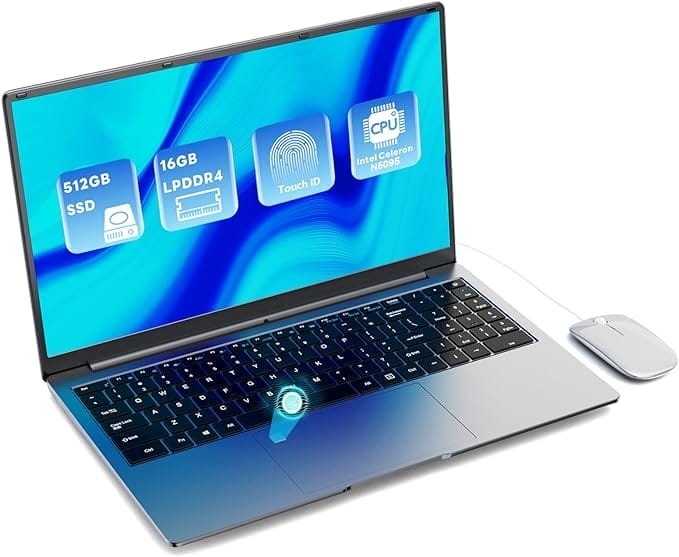 PINSTONE Laptop 16 GB RAM LPDDR4 512 GB SSD 15,6 inch UHD Intel Celeron N5095 processor computer met Touch ID WiFi 5 Bluetooth 4.0 USB 3.0 (toetsenbordfolie inbegrepen)