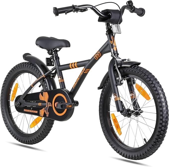 PROMETHEUS BICYCLES kinderfiets 18 inch fiets jongens meisjes van 6 jaar oude met zijwieltjes terugtraprem in zwart mat oranje BMX