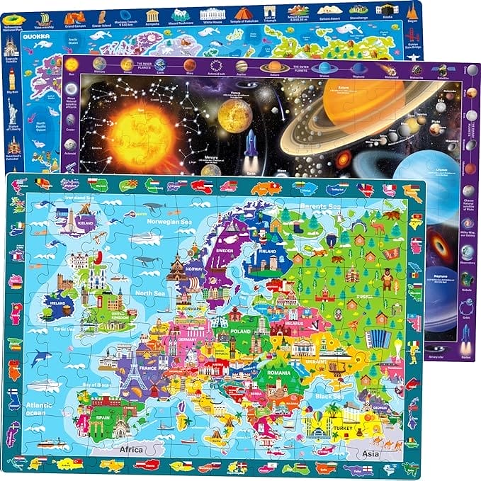 Puzzels, 100 stukjes, vanaf 4, 5, 6 jaar, 3 grote spellen voor meisjes en jongens, kinderspeelgoed, ruimte, landkaarten, Europa en wereldkaart, vloerpuzzels, cadeau voor 7-8 jaar