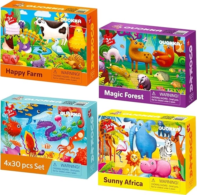 QUOKKA 30 stukjes puzzel vanaf 3, 4, 5 jaar, set van 4 framepuzzels voor jongens en meisjes, kleurrijke puzzel met oceaan, wilde en huiselijke dieren, cadeau speelgoed voor kinderen