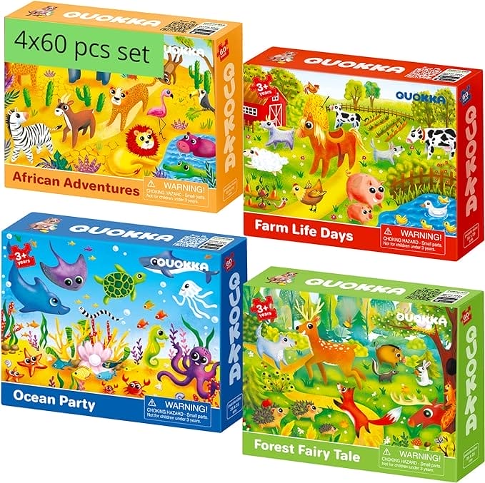 QUOKKA Puzzel van 60 stukjes, vanaf 4, 5, 6 jaar, 4 frame-puzzels voor jongens en meisjes, kleurrijke puzzel met oceaan, wilde en huiselijke dieren, cadeau speelgoed voor kinderen van 3 tot 7 jaar