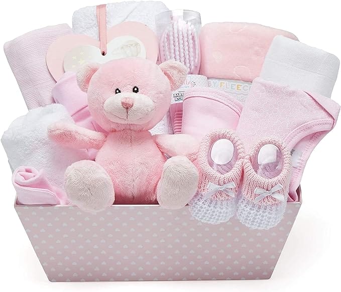 Roze cadeaumand voor babyshower - met fleece, handdoek met capuchon, babykleertjes, 2 mousseline doeken en een schattige teddybeer - doopcadeaus voor meisjes of jongens