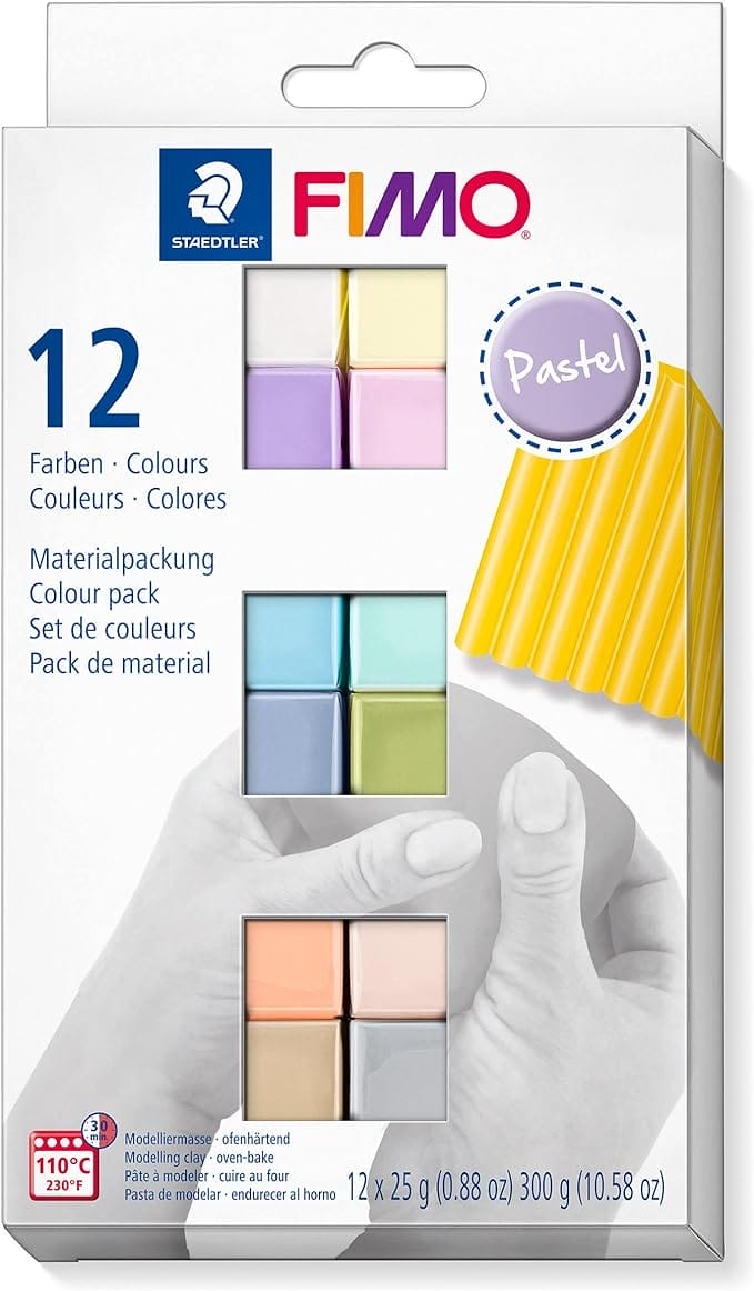 STAEDTLER Fimo Soft 8023 C12-3 Ovenhardende boetseerklei in pastelkleuren, zacht en soepel, speciaal voor beginners en hobbykunstenaars, 12 halve blokken à 25 g in gesorteerde kleuren