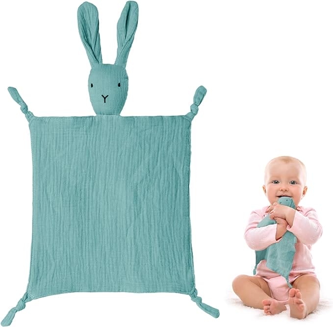 Vicloon Cuddly blanket, cuddly blanket with rabbit head, double layer tulle made of 100% organic cotton, baby gift for birth boy & girl-blue