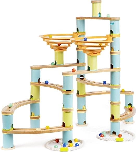 boppi Eco-Friendly 138-Piece Bamboo Wood Labyrinth Marble Track for Children with 24 Marbles - Building Toy for Beta Development of Boys and Girls 3 Years and Older - Jumbo Pack