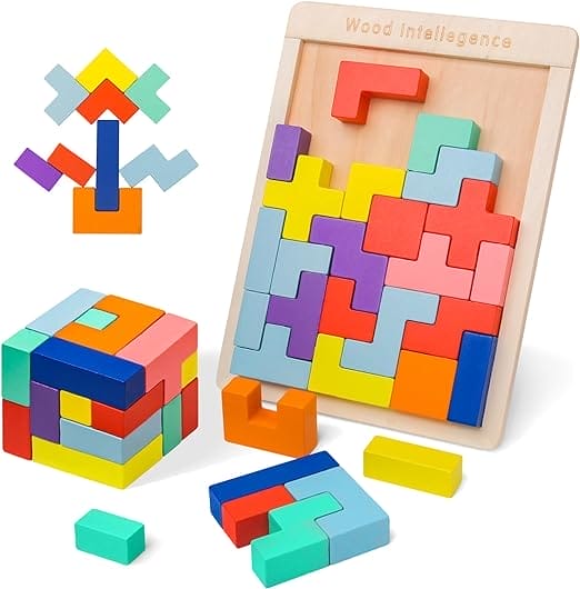 VORHOT 3D-puzzel tetris-spel voor kinderen, houten puzzel met 30 stuks, intelligentie, kleurrijke bouwstenen, Montessori-speelgoed, hersenspeelgoed vanaf 3, 4, 5 jaar, educatief sp